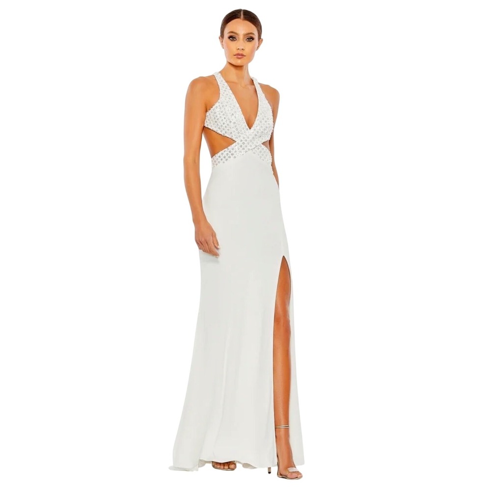 Mac Duggal White Floral Sequined Criss Crossed Bodice Gown Formal Dress Size 8